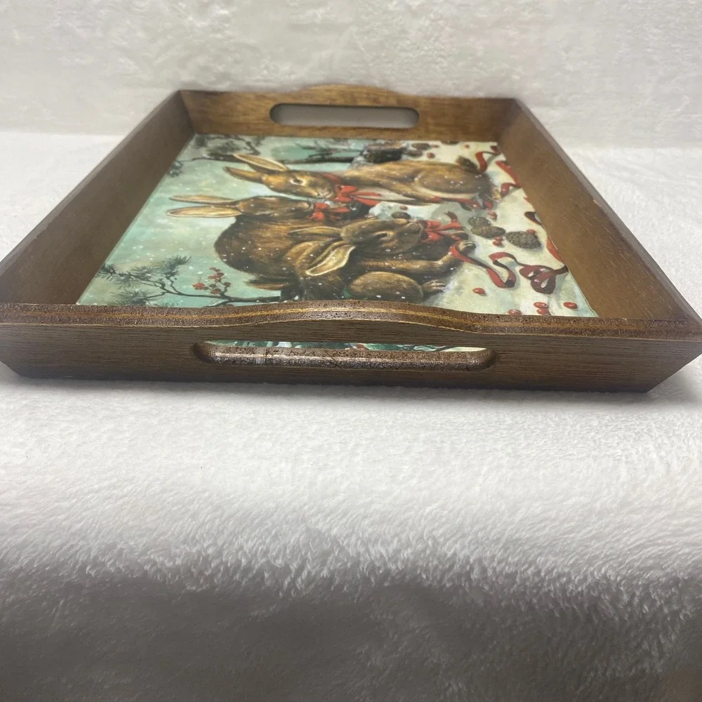 VTG Rabbits In The Snow Wooden Serving Tray Decorative‎ Farmhouse Christmas
